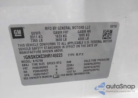 2017 Chevrolet Tahoe Premier из США, поврежденный, VIN 1GNSKCKC3HR149223